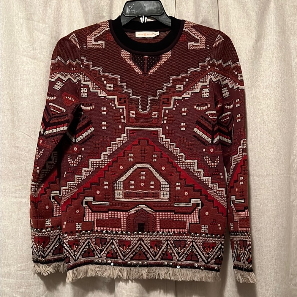 Tory Burch Red Tapestry Wool Sweater Size Small - Picture 3 of 12